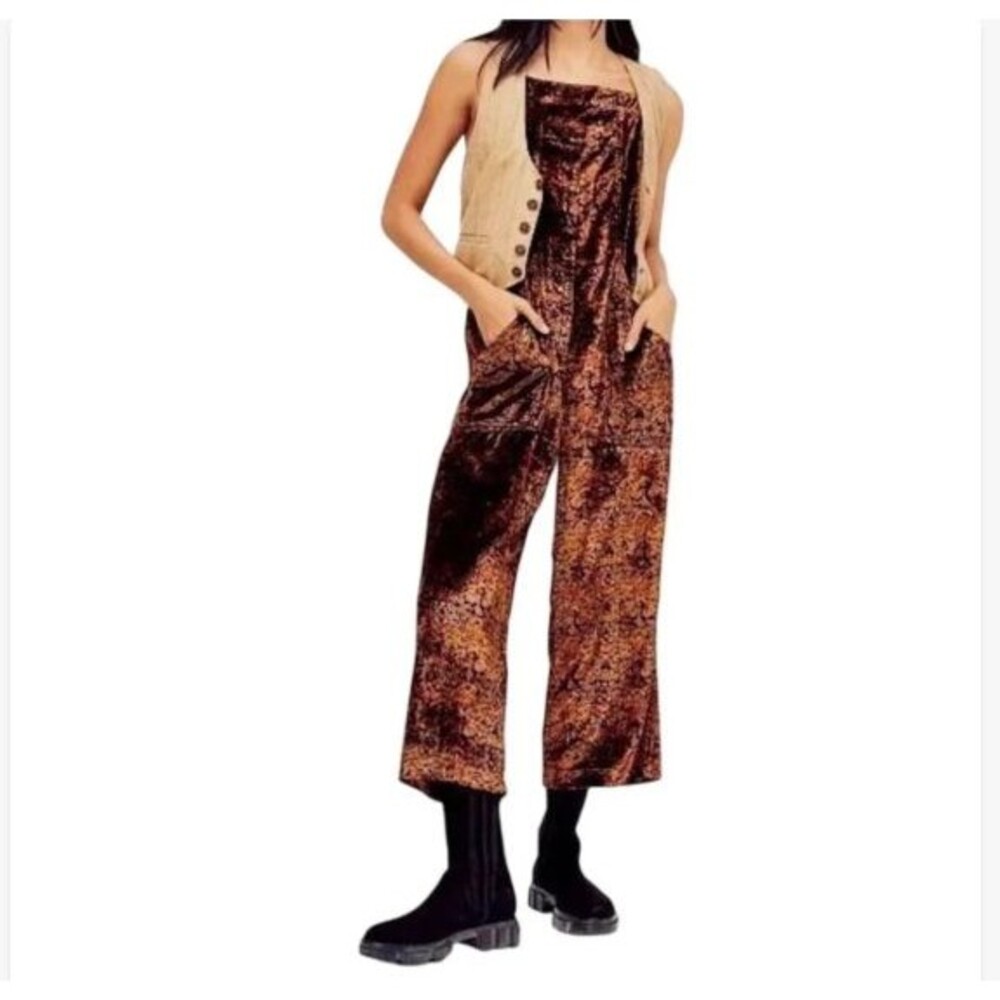 Free People Weekender Printed Velvet Jumpsuit Overall Paisley Retro Fall Size XS